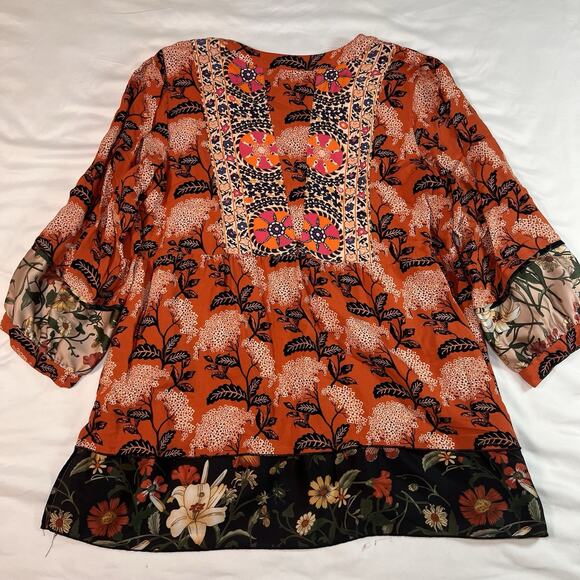 John Mark Blouse Size S Orange Artsy Boho Floral Mixed Print Tunic Top Flowy EUC - Picture 9 of 13